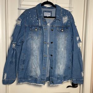 Between Us denim jacket w/ pearl & crystal accents/distressed- size 3X